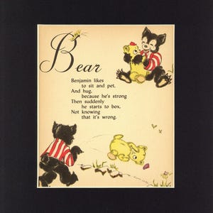 May include: Vintage illustration featuring a black bear in a red and white striped shirt interacting with a yellow bear. The word "Bear" is written in elegant script, accompanied by a poem about the bears. The artwork has a classic, storybook style.