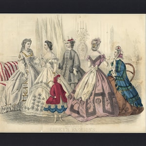 1864 Antique Hand Painted Illustriation from Godey&#39;s Lady&#39;s Book