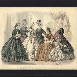 1864 Antique Hand Painted Illustriation from Godey&#39;s Lady&#39;s Book