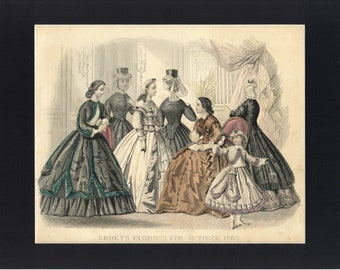 Illustration ancienne de 1864 peinte à la main du livre de Godey's Lady