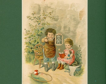 German Children Playing School Antique Print - Circa 1890's
