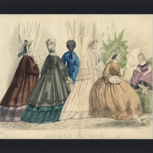 1864 Antique Hand Painted Illustriation from Godey&#39;s Lady&#39;s Book