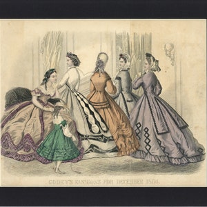 1864 Antique Hand Painted Illustriation from Godey&#39;s Lady&#39;s Book