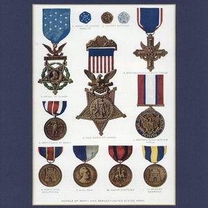 Medals of Merit and Service - United States Army, National Geograpic, Antique 1919 Print
