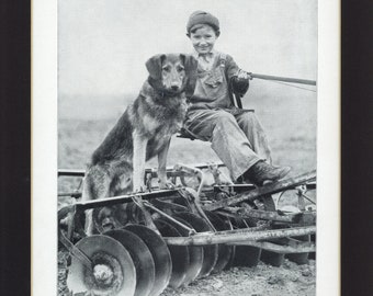 Vintage 1930's Dog and Farm Boy, Black and White Book Print of John Calvin Allen Photograph