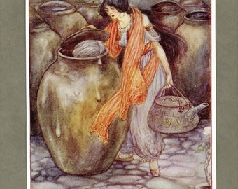1912 Antique Print of Ali Baba and the Forty Thieves from the Rose Fairy Book, Illustration by Lillian A. Govey