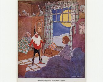 Christmas Holiday Vintage 1922 Toyland Print An Elf Makes a Visit to Children