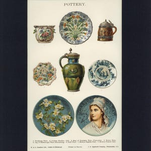 May include: A collection of antique pottery pieces, including a blue and white plate with a floral design, a green and white jug with a lid, a blue and white plate with a portrait of a woman, and a brown and white mug with a lid.