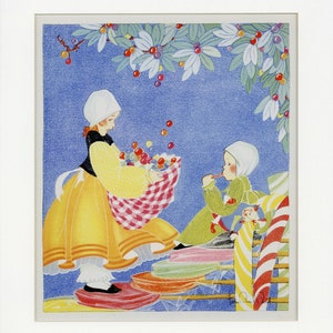 May include: Two children, one in a yellow dress and white bonnet, the other in a green dress and white bonnet, are playing with sweets. The girl in yellow is holding a basket of colourful sweets, and the girl in green is holding a candy cane. The background is a blue sky with a green tree.