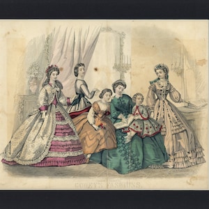 1864 Antique Hand Painted Illustriation from Godey&#39;s Lady&#39;s Book