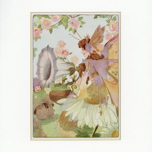 May include: A vintage illustration depicts a fairy with butterfly wings and a crown, standing near a large gramophone. The scene is set in a garden with pink roses, mushrooms, and other whimsical elements, all rendered in soft pastel colors.