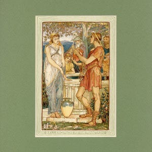 May include: Illustration of a classical scene with figures in ancient Greek attire. A man in orange tunic offers a vessel to a woman in a white dress. The artwork is framed with a decorative border and the text "Bellerophon at the Fountain".