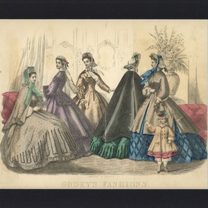1864 Antique Hand Painted Illustriation from Godey&#39;s Lady&#39;s Book