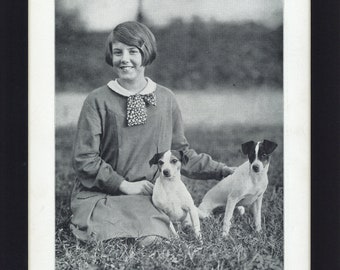 Vintage 1930's Young Girl with Fox Terrier Dogs, Black and White Book Print of John Calvin Allen Photograph