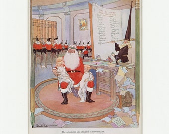 Christmas Holiday Vintage 1922 Toyland Print Children with Santa Claus