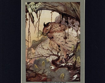 Antique circa 1909 Aesop Print of The  Owl and the Grasshopper by Edward J. Detmold