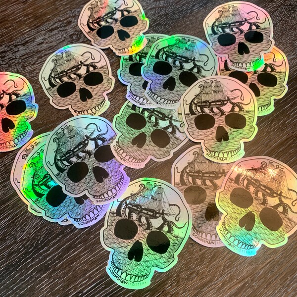 4" Holographic Vinyl Kraken Attack Skull Sticker