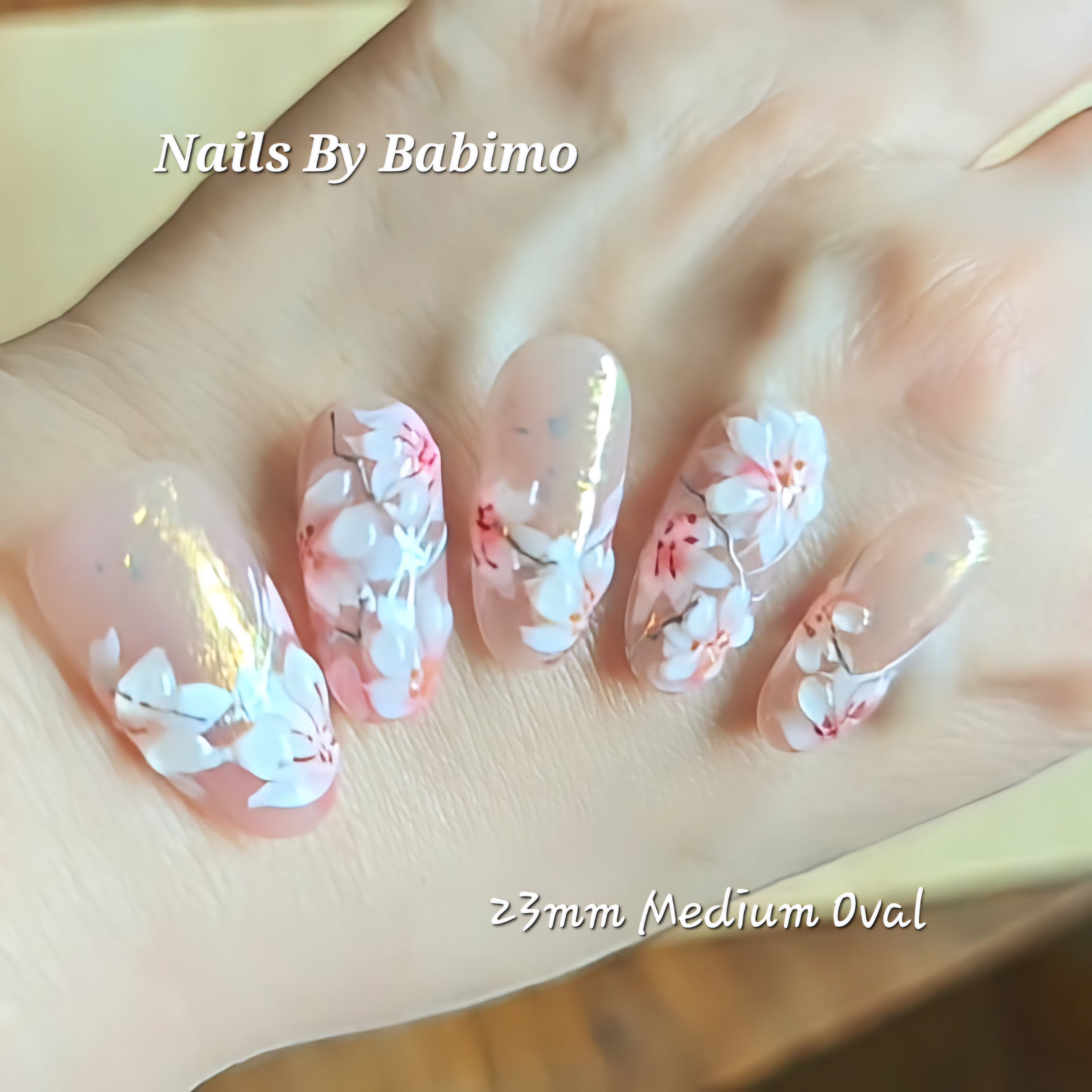 3D Sculpture Sakura Cherry Blossoms in Sunrise Press On Nail Art Handmade Short / Medium Oval S M bridal wedding