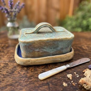 Handmade Ceramic Green  Dish with Lid, Green Stoneware Pottery Butter Keeper, Rustic Country Kitchen Tableware, New Home