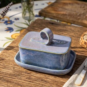 Handmade Ceramic Butter Dish with Lid, Blue Stoneware Pottery Butter Keeper, Rustic Country Kitchen Tableware, New Home Gift