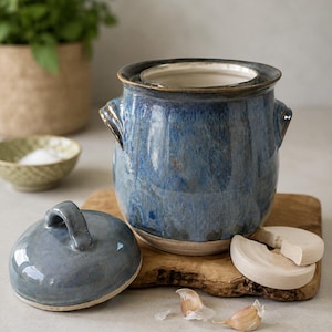 Op de afbeelding: Een blauwe keramische boterpot met bijpassend deksel en een witte ongeglazuurde klei-inzet. De buitenkant heeft een glanzend, gemêleerd blauw glazuur met twee handvatten aan de zijkanten. Twee teentjes knoflook liggen op een houten plank.