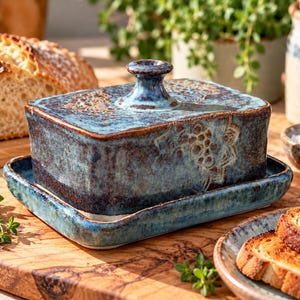 Handmade Ceramic Butter Dish with Lid, Blue Pottery Mandala Butter Keeper, Rustic Covered Stoneware Dish, Housewarming Gift