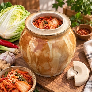 May include: A round, glazed ceramic fermentation crock with a wide opening, filled with red kimchi. The exterior features a streaky, light brown and cream-coloured finish. A matching ceramic lid sits to the side on a wooden surface.