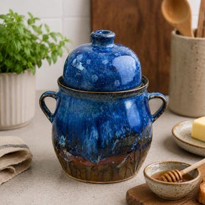 Handmade Large Ceramic Storage Jar with Lid & Spoon Slot, Sourdough Crock