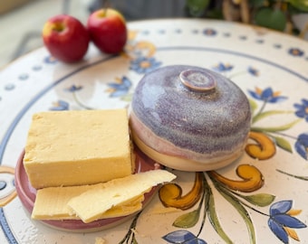 Handmade Ceramic Butter Dish | Textured blue with pink Stoneware | Cheese Tray