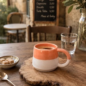 May include: A ceramic mug with a two-tone design featuring a coral orange upper half and a white lower half, filled with dark coffee. The mug has a rounded handle and sits on a natural wood slab, accompanied by a small bowl of sugar cubes.