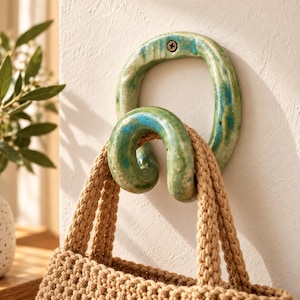 Handmade Green Ceramic Wall Hook, Rustic Pottery Coat Hook, Unique Decorative Wall Hanger, bathroom hook