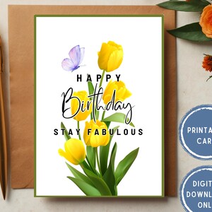 Printable Birthday Card, Floral Birthday Card Flower Birthday Card, Happy Birthday Card for Her Digital Download Greeting Card with Envelope