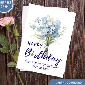 Printable Birthday Card, Floral Birthday Card Flower Birthday Card, Happy Birthday Card for Her Digital Download Greeting Card with Envelope