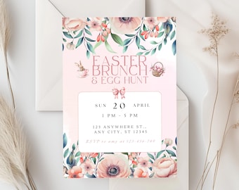 May include: A pink and white floral invitation for an Easter brunch and egg hunt. The invitation includes the date, time, and location of the event. RSVP information is also included.