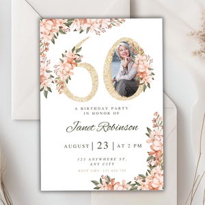 60th birthday photo invitation | birthday invitation for women | for her | evite | invite | digital & printable invitation | Edit in Canva