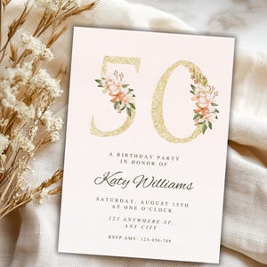 Invitación de cumpleaños número 50 / Invitación de cumpleaños para mujeres / / Invitación digital e imprimible / Editar en Canva