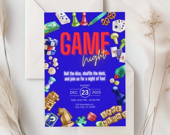 May include: A blue invitation with colourful illustrations of game pieces, dice, cards, and a game board. The text reads "GAME night" in red and white, with the date and time for a game night party.