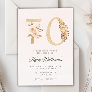 convite de aniversário de 70 anos | convite de aniversário para mulheres | evite | convite | convite digital e para impressão | Editar no Canva