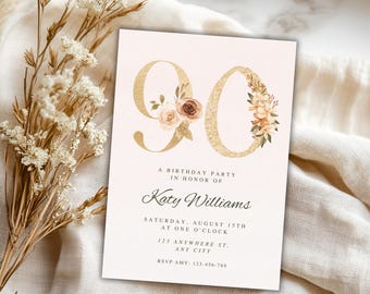 90th birthday invitation | birthday invitation for women |  | digital & printable invitation | Edit in Canva