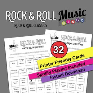Rock and Roll Klassiker Musik Bingo! Drucker-freundlich, Rock'n'Roll-Musik, Musik-Bingo, sofortiger digitaler Download, 32 verschiedene Bingokarten