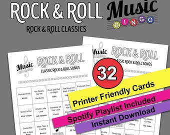 Klasyka Rock and Roll Music Bingo! Wersja do druku, Rock and Roll Music, Music Bingo, Natychmiastowe pobieranie cyfrowe, 32 różne karty Bingo