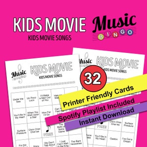 Bingo con canciones de películas para niños, música para niños, bingo musical, descarga digital instantánea, 32 tarjetas de bingo diferentes, versión para imprimir, lista de reproducción de Spotify