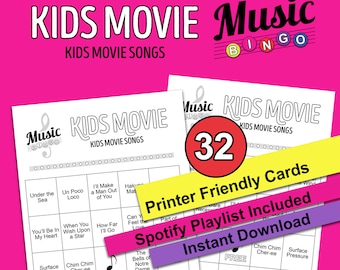 Kids Movie Songs Bingo, Kids Music, Music Bingo, Instant Digital Download, 32 Different Bingo cards, Printer-Friendly, Spotify Playlist
