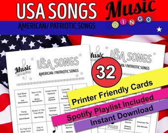 USA Songs Music Bingo, Music Bingo, Wersja do druku, Natychmiastowe pobieranie cyfrowe, 32 różne karty Bingo, Lista odtwarzania Spotify, Patriotyczne piosenki