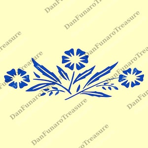 May include: A blue floral design featuring three stylized flowers and several leaves. The design is symmetrical, with a central flower and two flanking flowers. The image has a light yellow background.