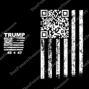May include: Black graphic design featuring a distressed American flag with QR codes and the word "TRUMP". The flag's stripes are white, and the background is black. The text "45 * 47" is below the flag.