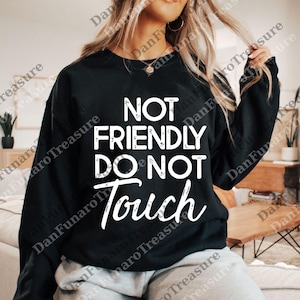 Puede incluir: Sudadera negra con el texto blanco "NOT FRIENDLY DO NOT TOUCH". El texto está en negrita, con una fuente sans-serif, con la palabra "Touch" en cursiva. La sudadera es de cuello redondo.