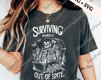 Surviving Purely Out Of Spite png, Halloween png, Funny Goth Celestial Skeleton and Bats vg, Bat Gothic svg, Celestial svg