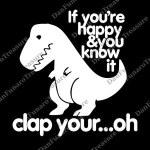 Peut inclure: Un dessin animé blanc d'un Tyrannosaurus Rex avec le texte "If you're happy & you know it clap your...oh" sur fond noir. Le dinosaure sourit et a les bras le long du corps.
