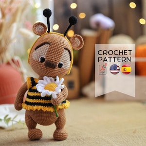Crochet pattern cute Oliver the Bee Bear amigurumi PDF English Spanish